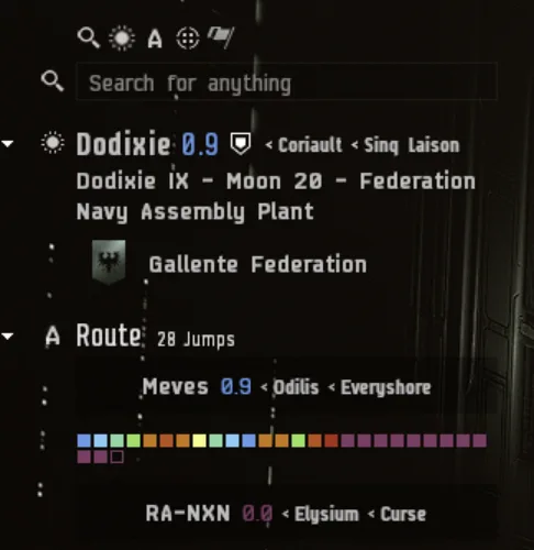 The 28 jumps route from Dodixie to RA-NXN VII